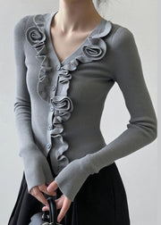 French Grey Ruffled Patchwork Knit Short Sweater Fall