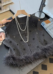French Grey Sequins Fuzzy Fur Fluffy Waistcoat Fall