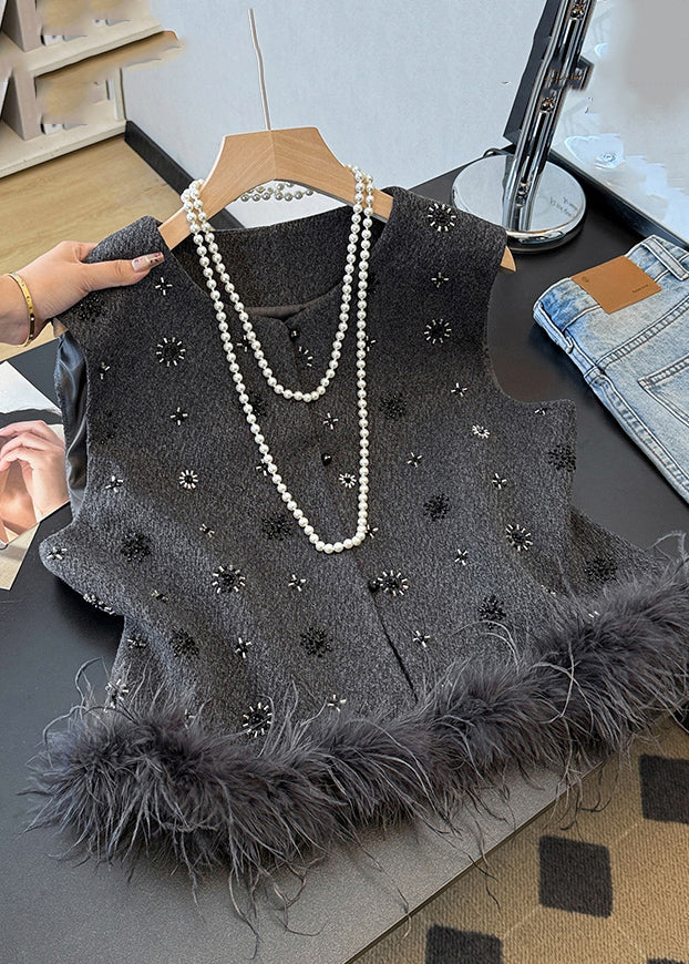French Grey Sequins Fuzzy Fur Fluffy Waistcoat Fall
