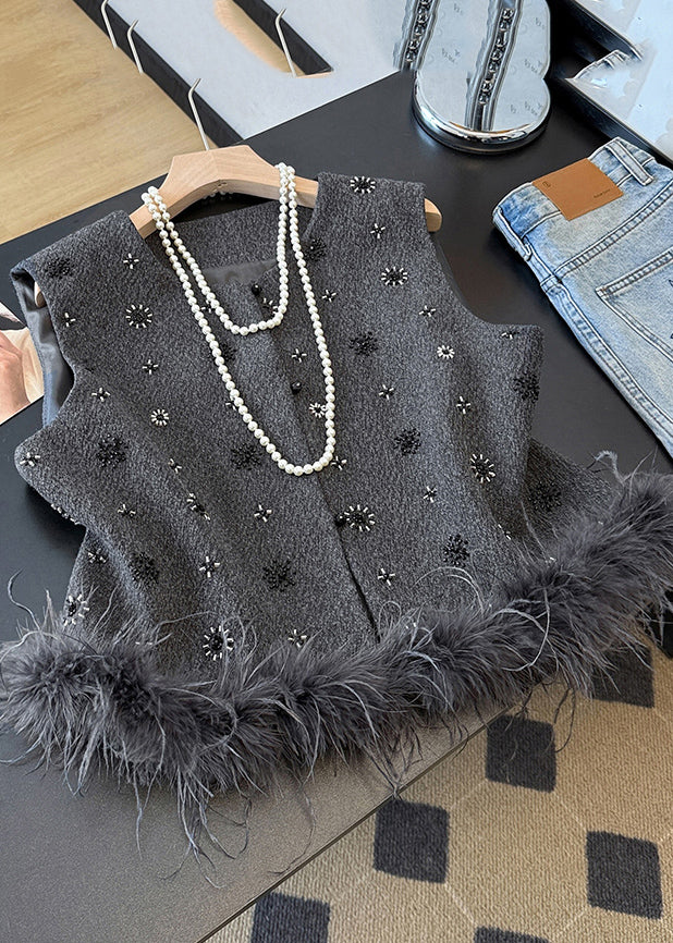 French Grey Sequins Fuzzy Fur Fluffy Waistcoat Fall