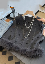 French Grey Sequins Fuzzy Fur Fluffy Waistcoat Fall