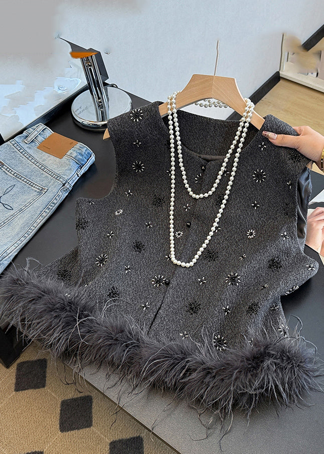 French Grey Sequins Fuzzy Fur Fluffy Waistcoat Fall