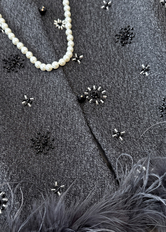 French Grey Sequins Fuzzy Fur Fluffy Waistcoat Fall