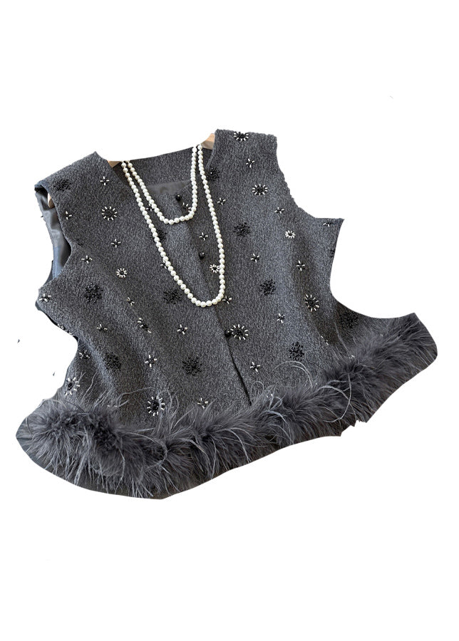French Grey Sequins Fuzzy Fur Fluffy Waistcoat Fall