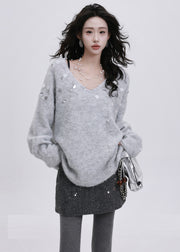 French Grey Sequins Rhinestone Knit Short Sweater Winter