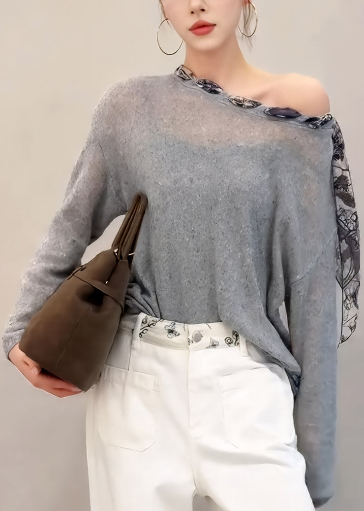 French Grey Slash Neck Patchwork Knit Blouse Top Fall
