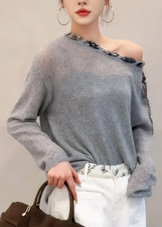 French Grey Slash Neck Patchwork Knit Blouse Top Fall