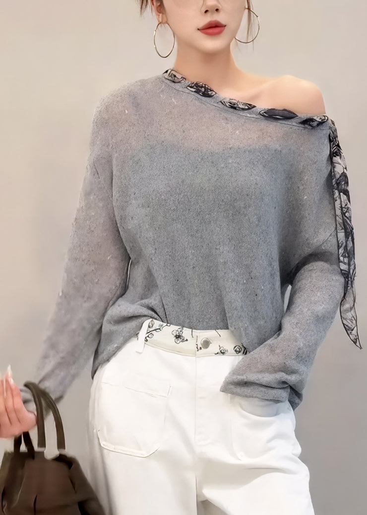 French Grey Slash Neck Patchwork Knit Blouse Top Fall