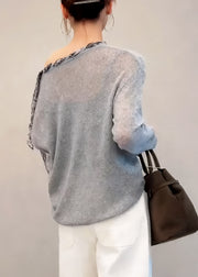 French Grey Slash Neck Patchwork Knit Blouse Top Fall