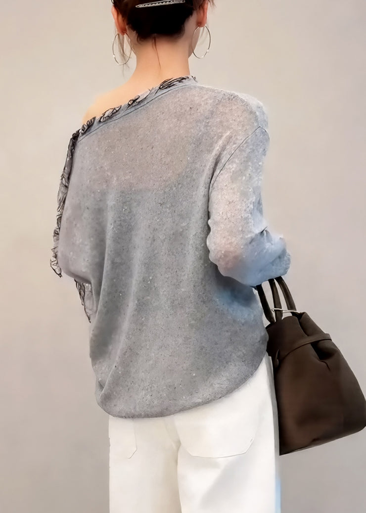 French Grey Slash Neck Patchwork Knit Blouse Top Fall