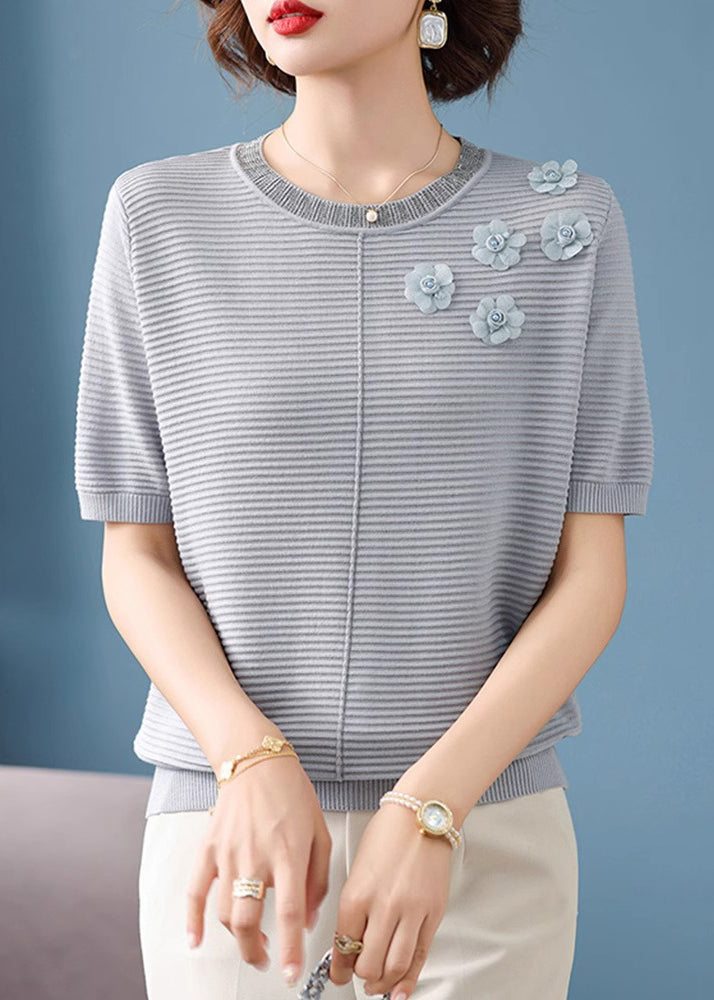 French Grey Striped Floral Ice Silk Top Short Sleeve