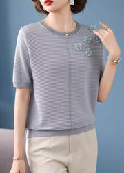 French Grey Striped Floral Ice Silk Top Short Sleeve