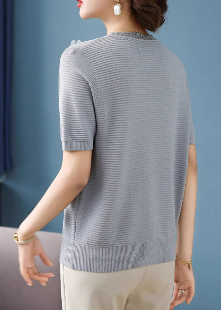 French Grey Striped Floral Ice Silk Top Short Sleeve