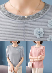 French Grey Striped Floral Ice Silk Top Short Sleeve