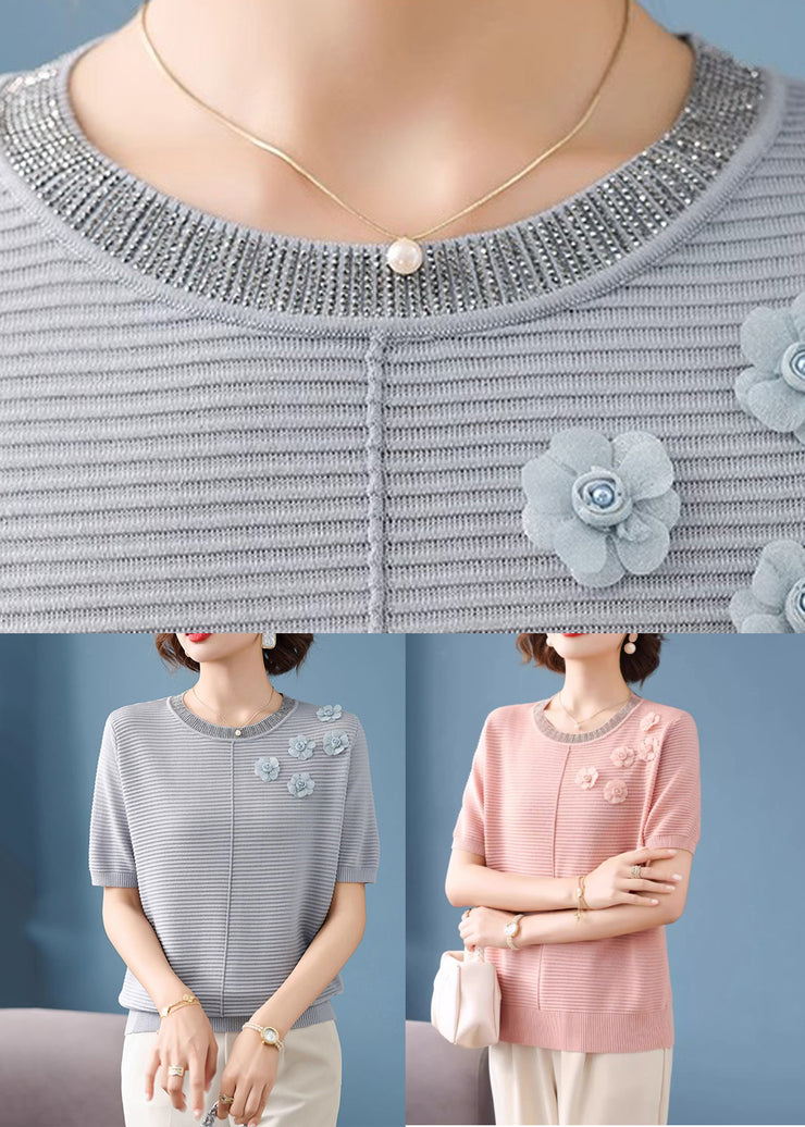 French Grey Striped Floral Ice Silk Top Short Sleeve