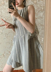 French Grey Striped Lace Up Cotton Mini Dress Sleeveless