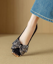 French Grey Suede Bow Zircon Splicing Flat Shoes For Women
