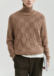 French Grey Turtleneck Plaid Knit Men Sweater Tops Fall