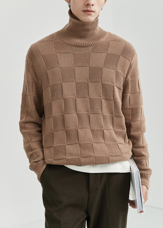 French Grey Turtleneck Plaid Knit Men Sweater Tops Fall