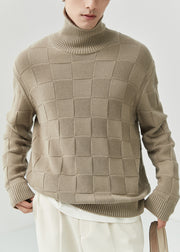 French Grey Turtleneck Plaid Knit Men Sweater Tops Fall