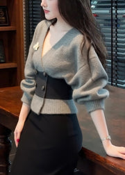 French Grey V Neck Button Patchwork Knit Coats Winter