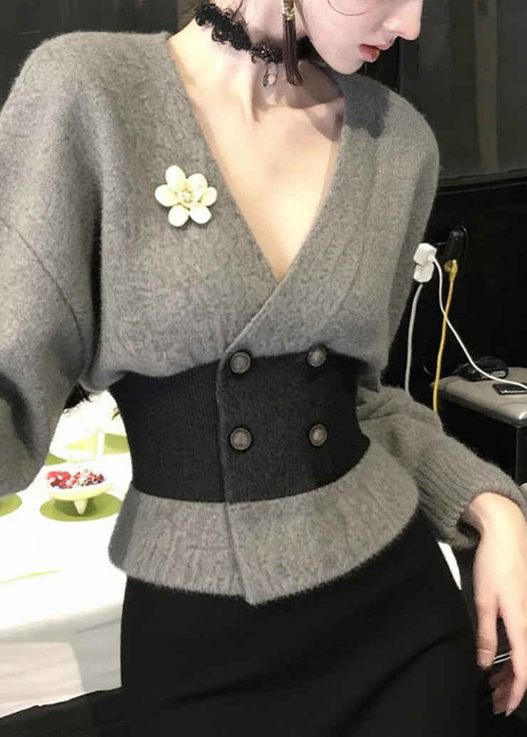 French Grey V Neck Button Patchwork Knit Coats Winter