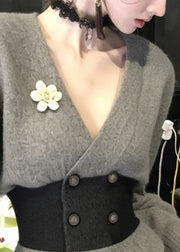 French Grey V Neck Button Patchwork Knit Coats Winter