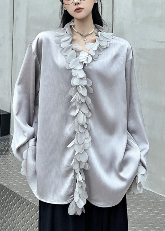 French Grey V Neck Floral Solid Shirts Fall