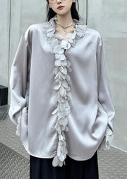 French Grey V Neck Floral Solid Shirts Fall