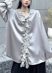 French Grey V Neck Floral Solid Shirts Fall