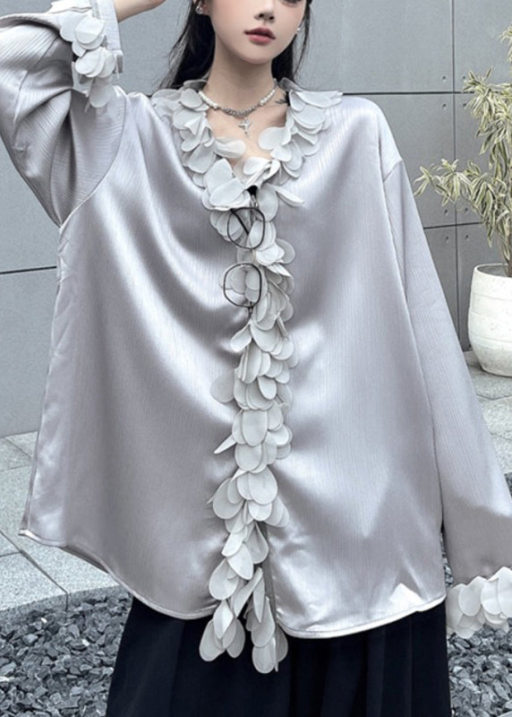 French Grey V Neck Floral Solid Shirts Fall