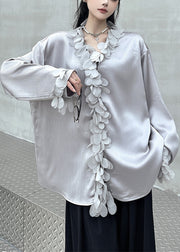 French Grey V Neck Floral Solid Shirts Fall