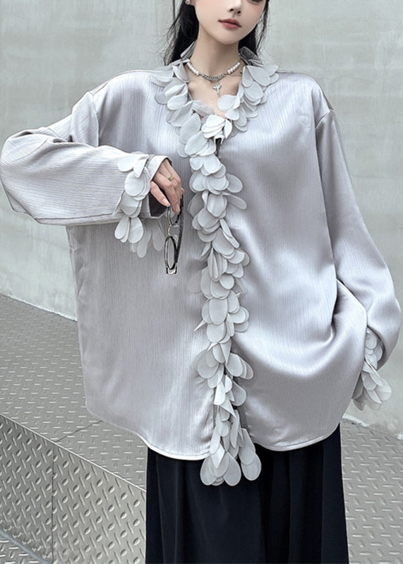 French Grey V Neck Floral Solid Shirts Fall