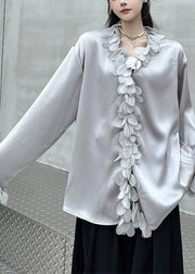 French Grey V Neck Floral Solid Shirts Fall