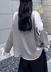 French Grey V Neck Floral Solid Shirts Fall