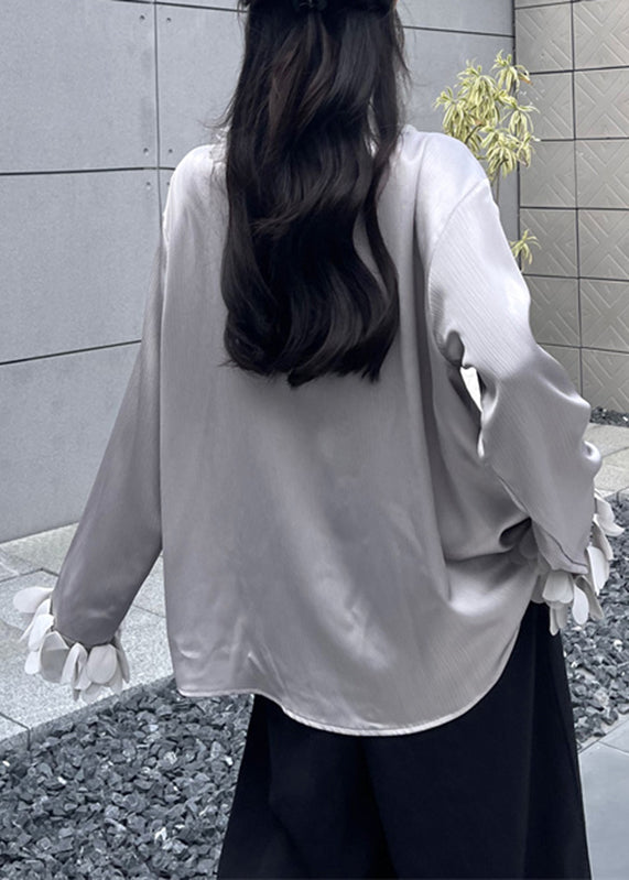 French Grey V Neck Floral Solid Shirts Fall