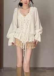 French Grey V Neck Hollow Out Drawstring Knit Top Autumn