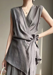 French Grey V Neck Lace Up Cotton Shirt Sleeveless