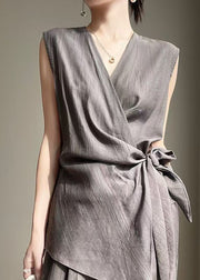 French Grey V Neck Lace Up Cotton Shirt Sleeveless
