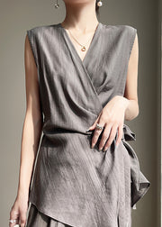 French Grey V Neck Lace Up Cotton Shirt Sleeveless