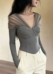 French Grey V Neck Tulle Patchwork Cotton Top Fall