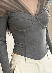 French Grey V Neck Tulle Patchwork Cotton Top Fall