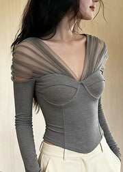French Grey V Neck Tulle Patchwork Cotton Top Fall