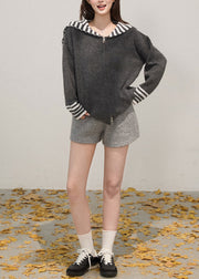 French Grey Zip Up Patchwork Shawl Knit Coats Winter