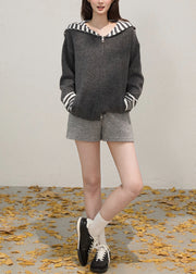 French Grey Zip Up Patchwork Shawl Knit Coats Winter
