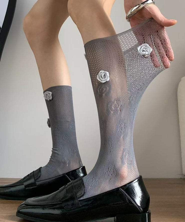 French Hollow Out Breathable Lace Rose Floral Over The Calf Socks