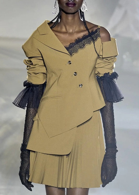 French Khaki Asymmetrical Lace Patchwork Cotton Coats Fall