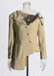 French Khaki Asymmetrical Lace Patchwork Cotton Coats Fall