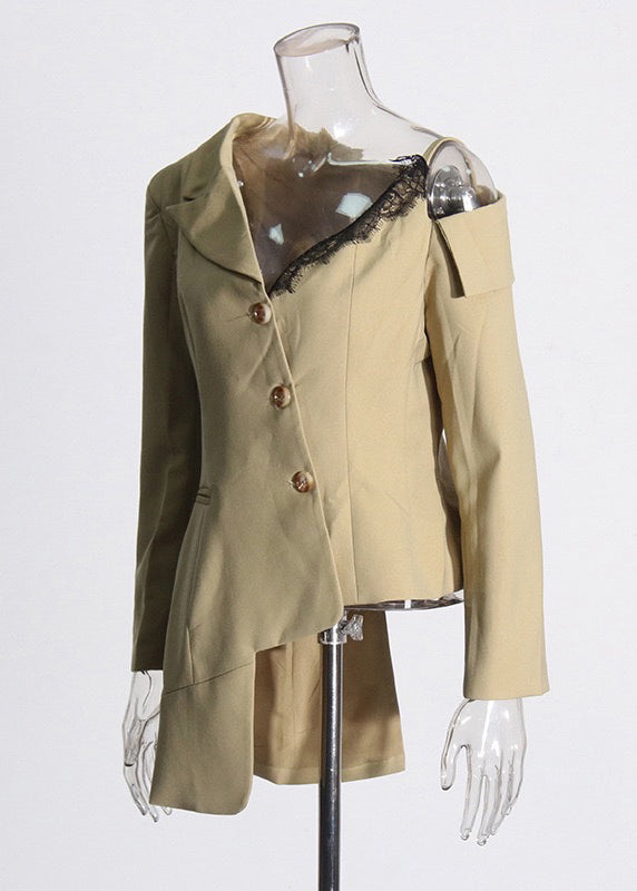French Khaki Asymmetrical Lace Patchwork Cotton Coats Fall