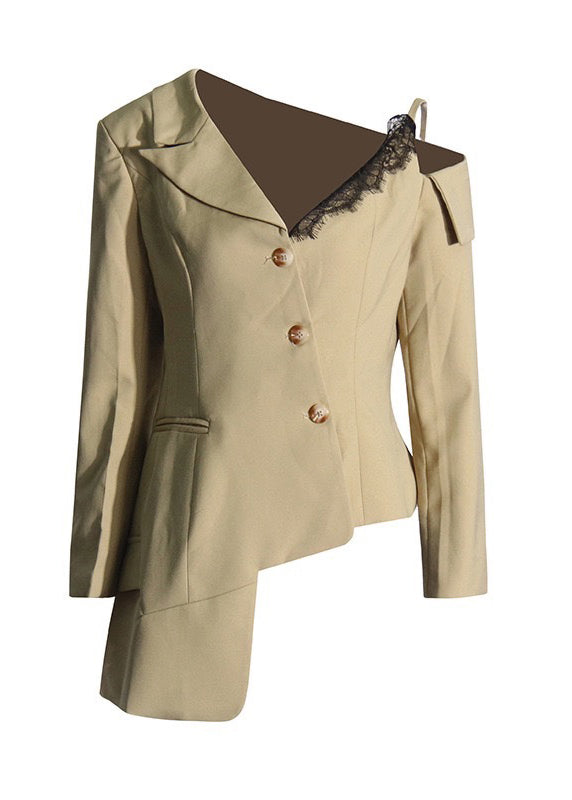 French Khaki Asymmetrical Lace Patchwork Cotton Coats Fall